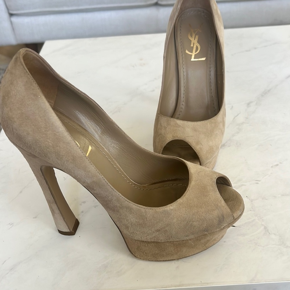 Ysl tan suede prep toe pumps